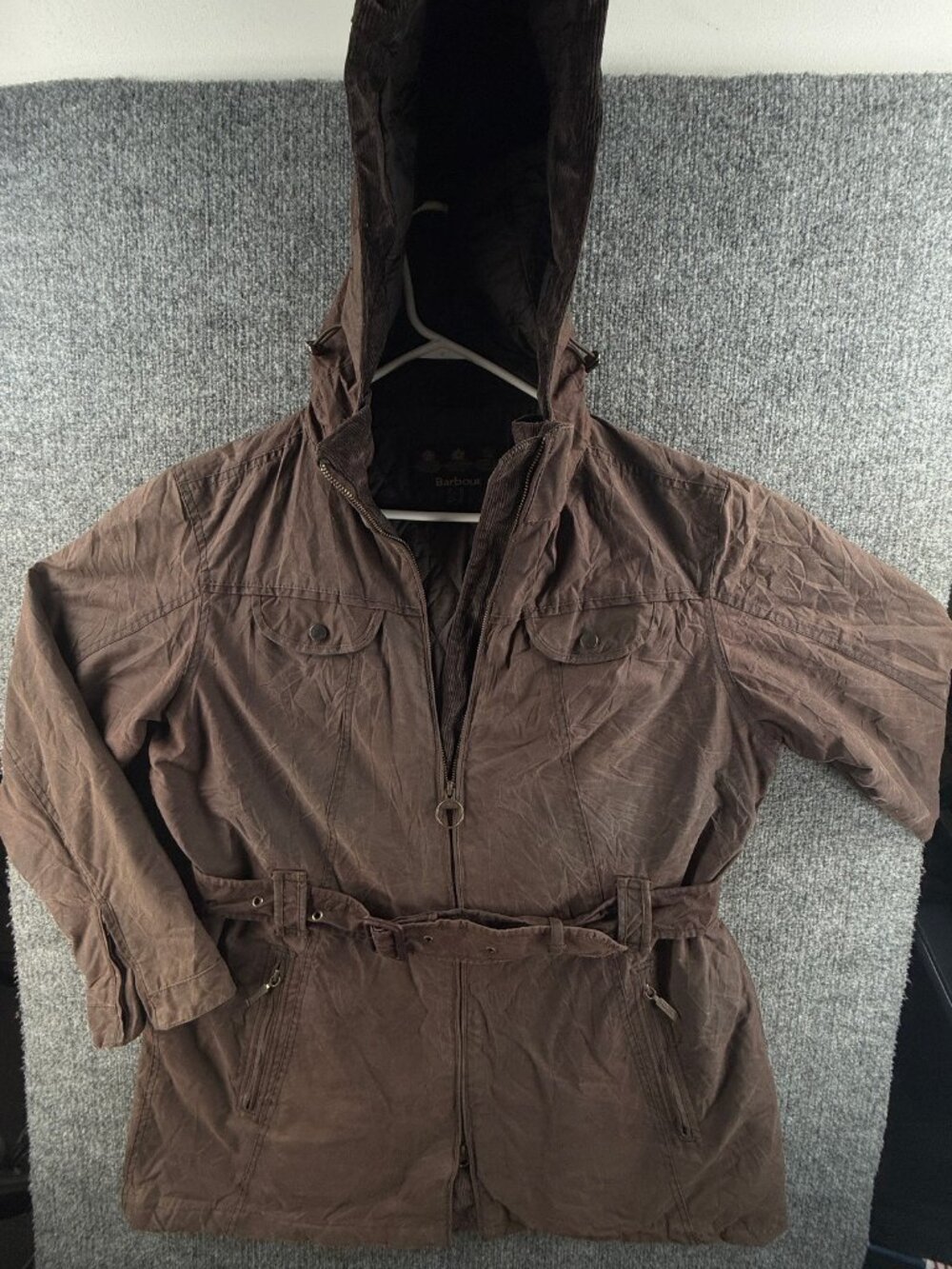 Barbour Cameron Belted Waxed Jacket Hooded Canvas Size 16 Women Brown Wax City